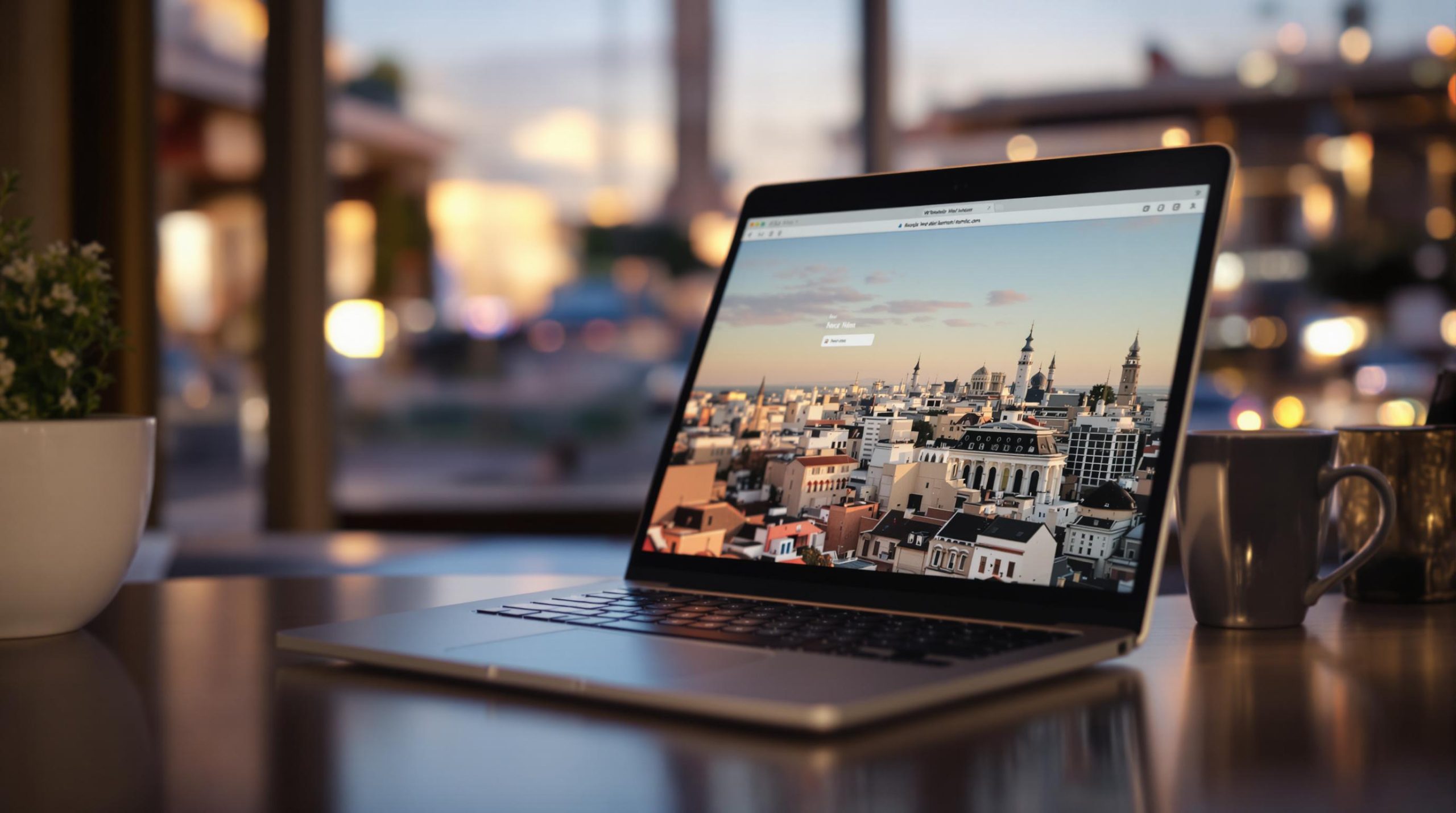 Un ordinateur portable posé sur une table affiche une vue de la skyline urbaine.