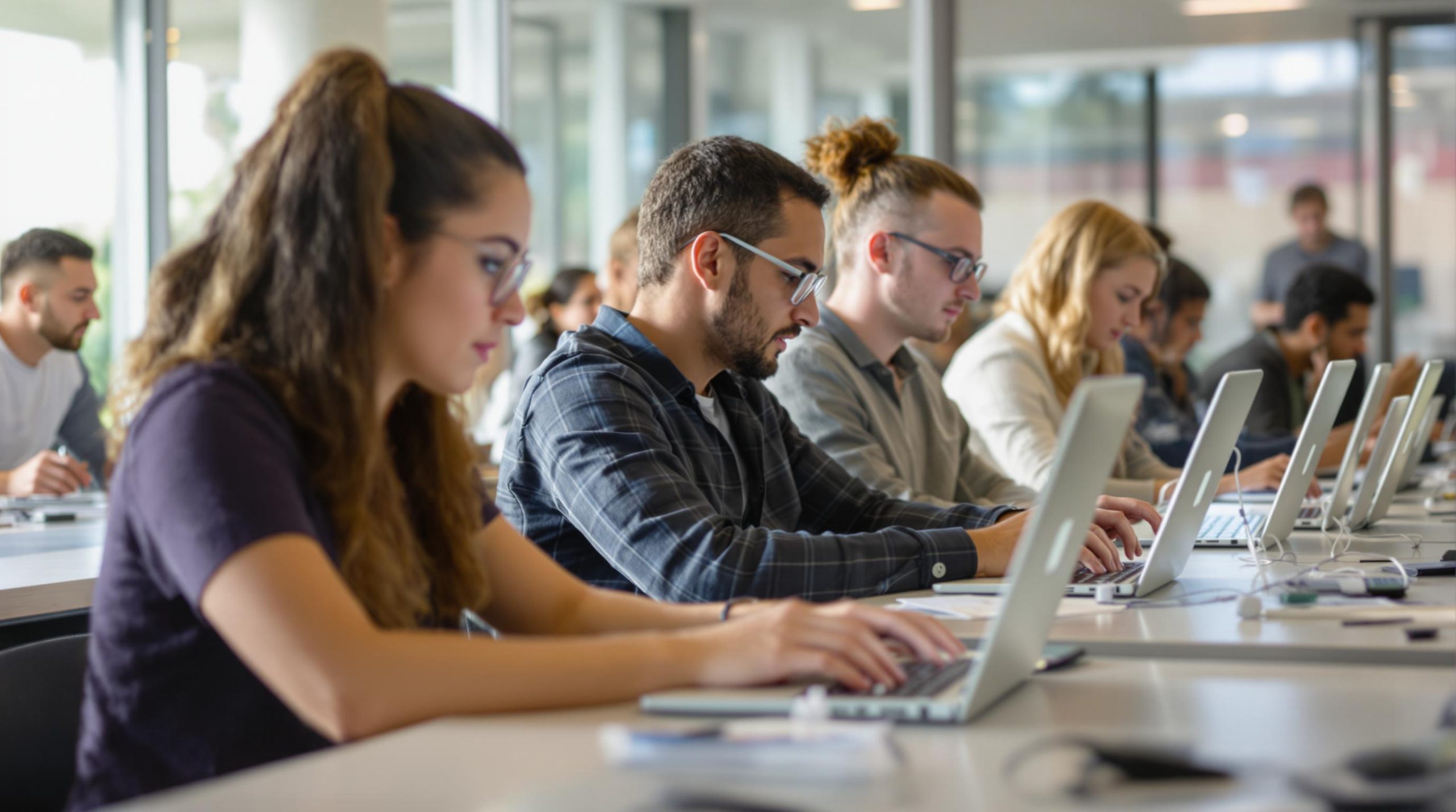 Des étudiants travaillent sur des ordinateurs portables dans une salle de classe.