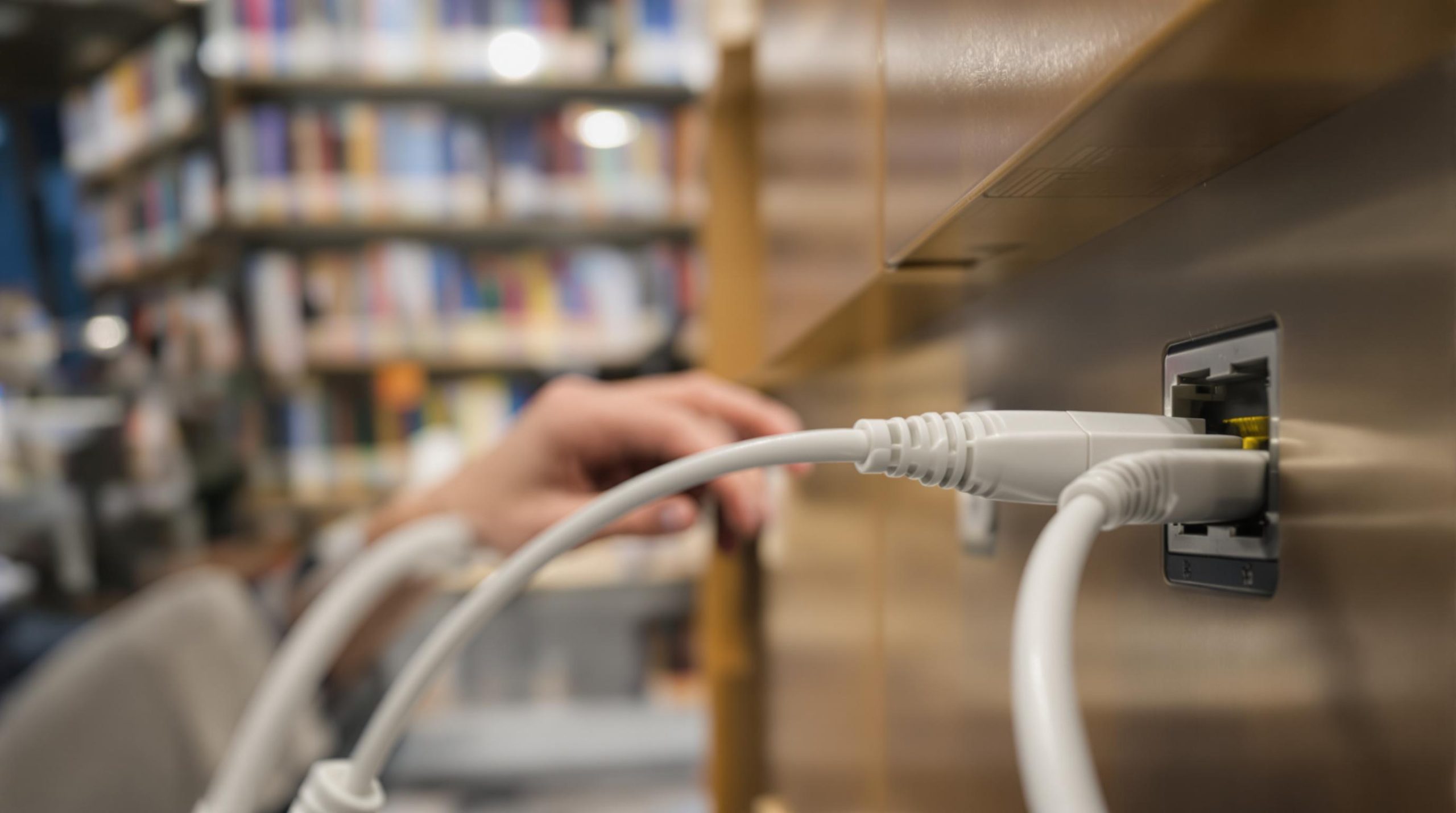 Raccordement de câbles Ethernet dans une bibliothèque.