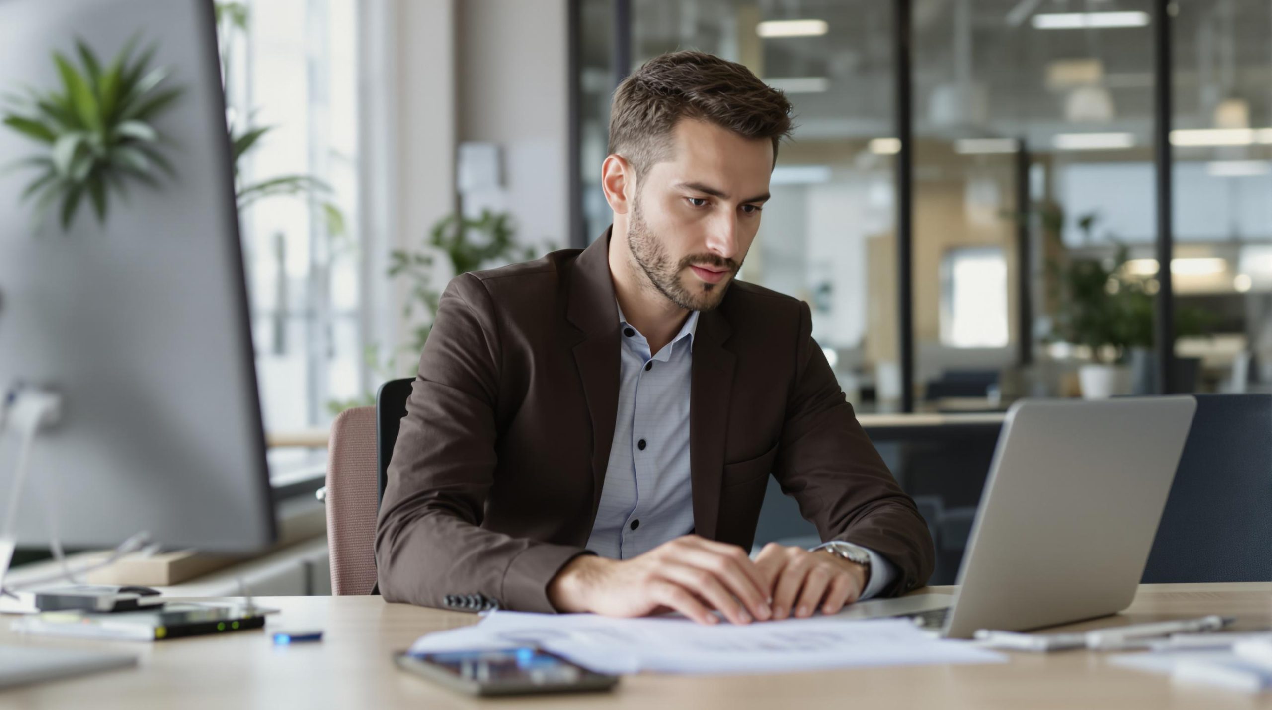 Un homme travaille sur un ordinateur portable dans un bureau.