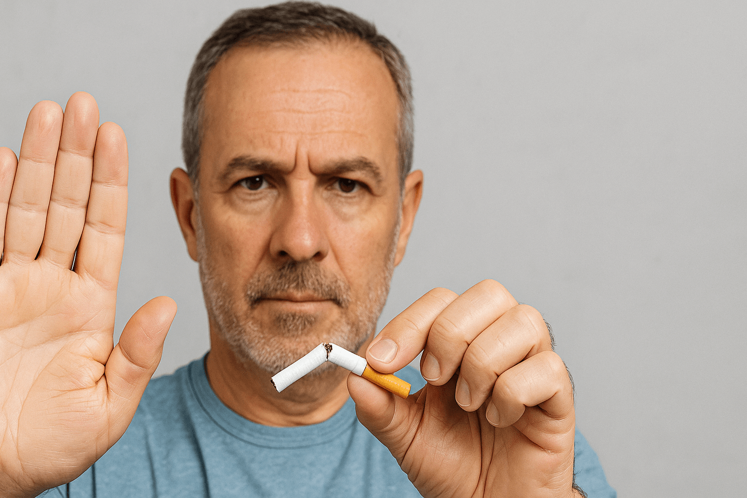 Homme tenant une cigarette cassée et levant la main pour symboliser l'arrêt du tabac