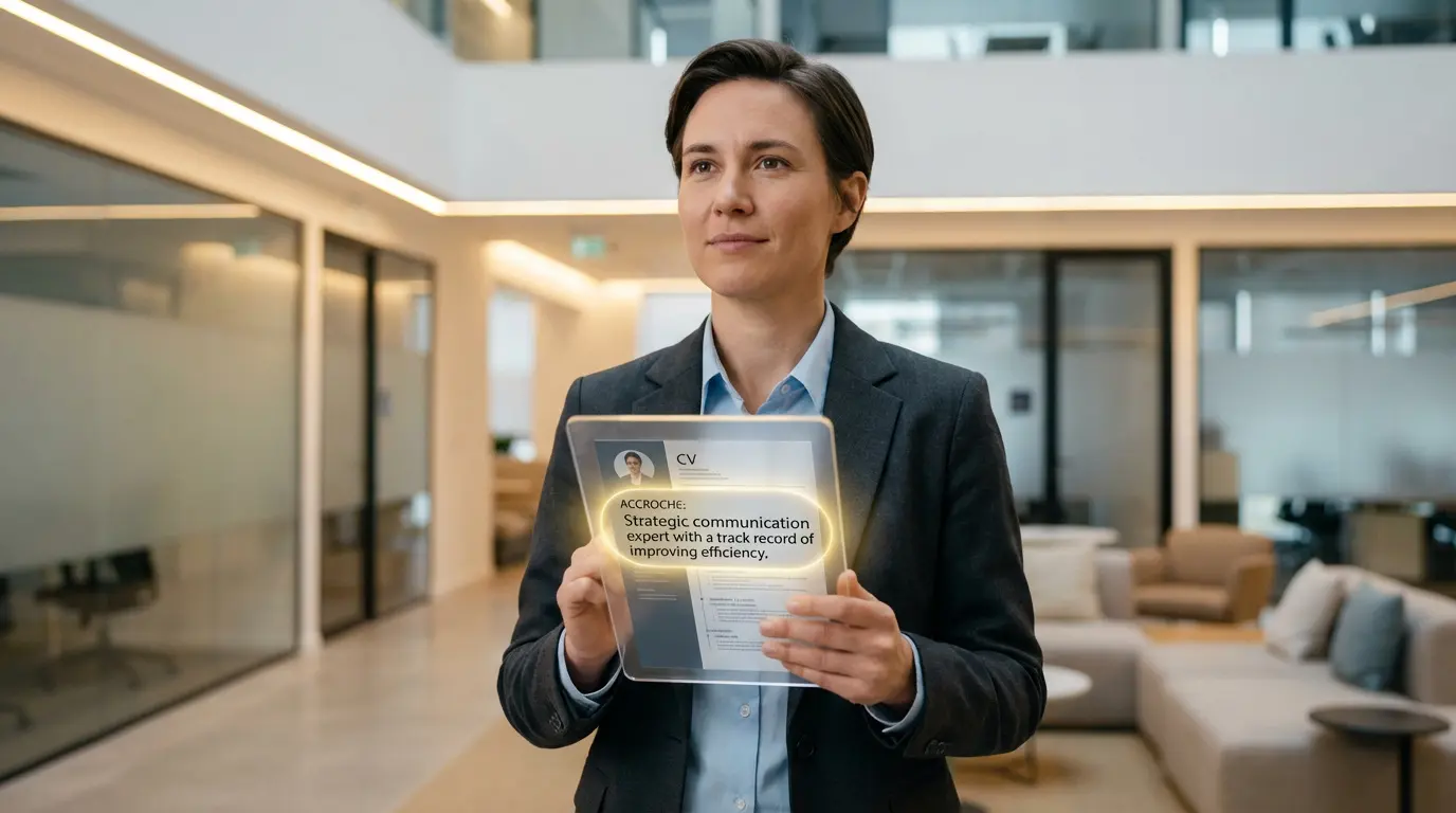 Femme en costume tient une tablette affichant une accroche de CV sur l'expertise en communication, dans un bureau moderne.