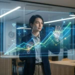 Personne analysant un graphique holographique de croissance avec des icônes sectorielles dans un bureau moderne.