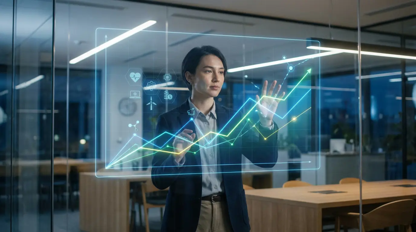 Personne analysant un graphique holographique de croissance avec des icônes sectorielles dans un bureau moderne.