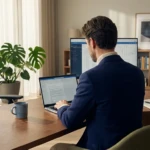 Vue de dos d'un homme travaillant sur ordinateur portable et écran externe dans un bureau à domicile moderne et lumineux.
