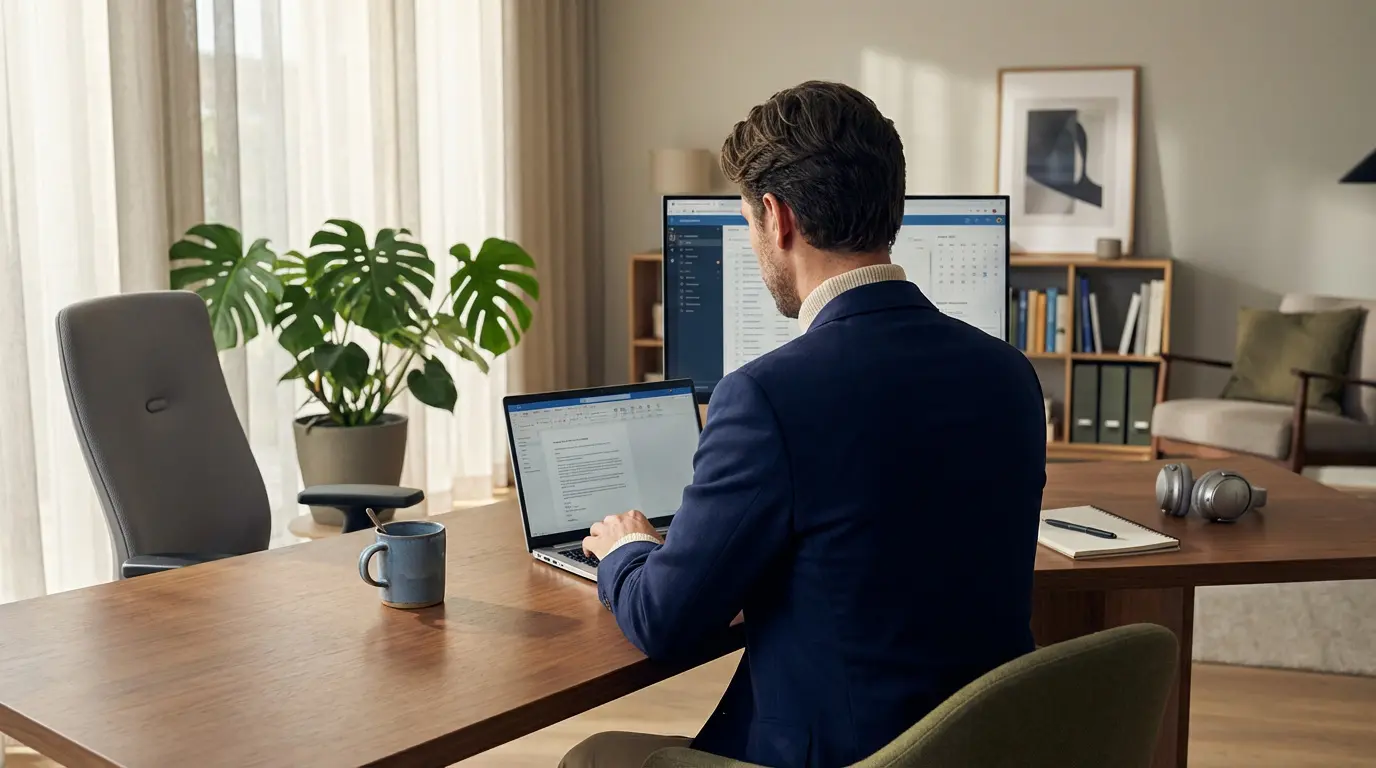 Vue de dos d'un homme travaillant sur ordinateur portable et écran externe dans un bureau à domicile moderne et lumineux.