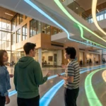 Trois étudiants discutent dans le hall moderne d'un campus universitaire lumineux. Néons colorés au plafond et au sol, ambiance dynamique.
