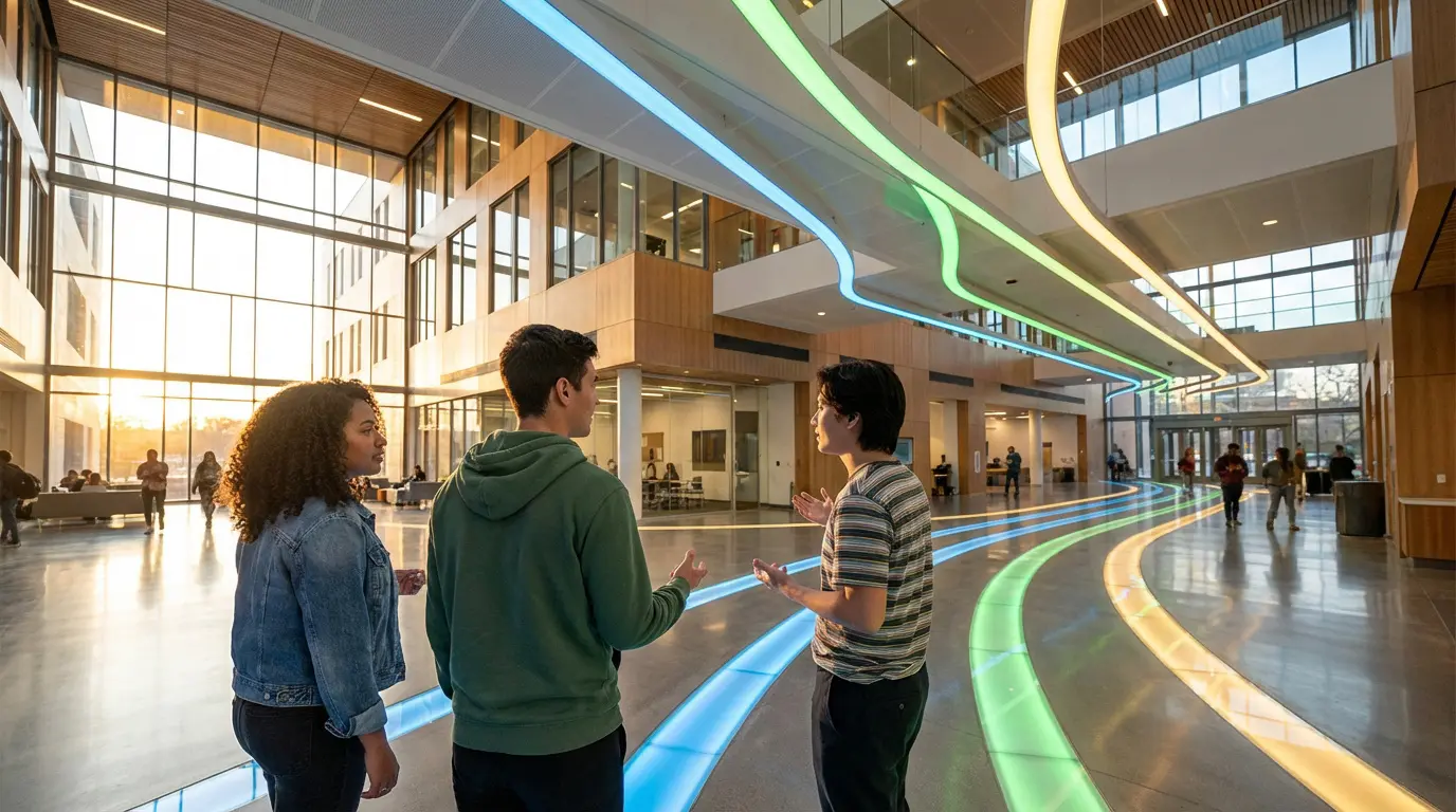 Trois étudiants discutent dans le hall moderne d'un campus universitaire lumineux. Néons colorés au plafond et au sol, ambiance dynamique.