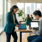 Une femme montre un diagramme "CAREER PATHWAYS" sur tablette à un collègue qui écrit, avec un écran d'ordinateur portable affichant des données, dans un bureau lumineux.