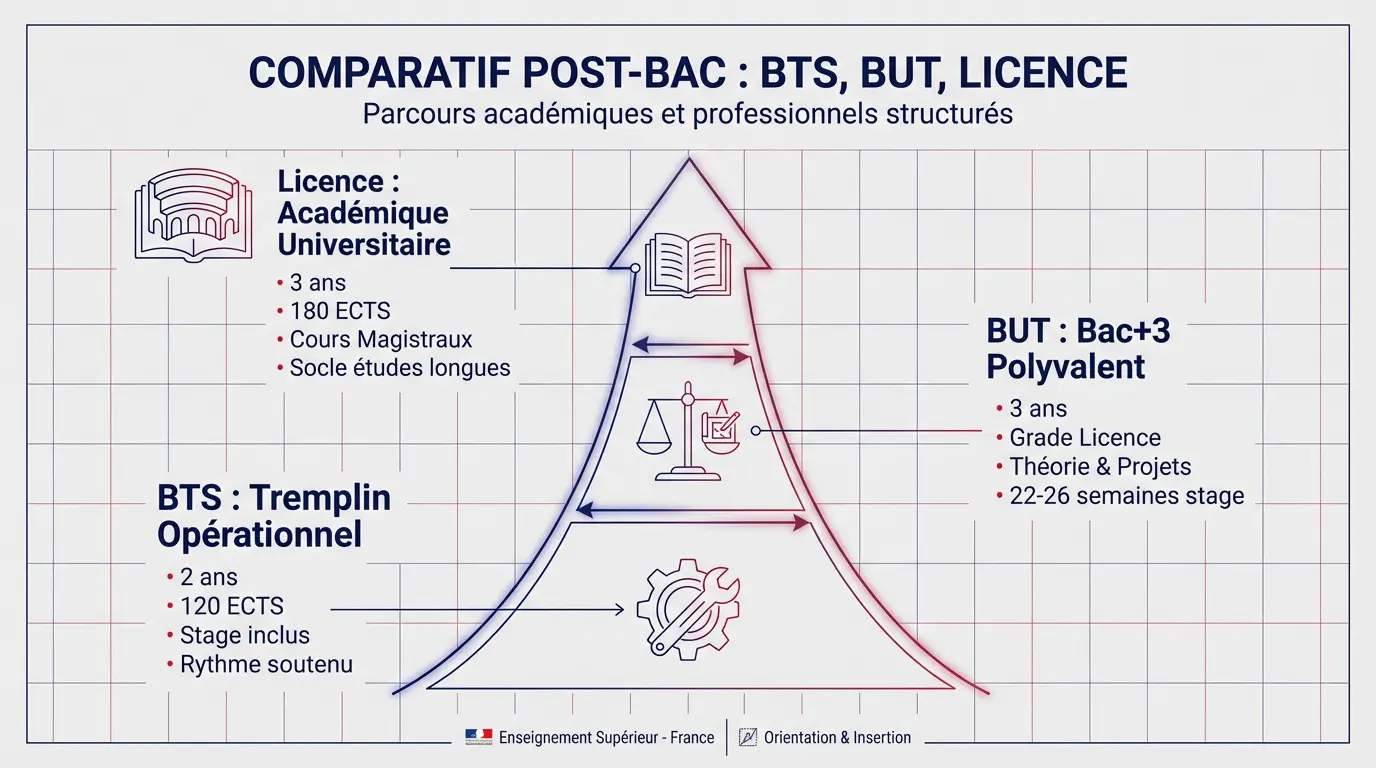 Tableau comparatif des cursus BTS, BUT et Licence après le baccalauréat