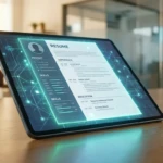 Tablette montrant un CV numérique optimisé ATS avec des lignes lumineuses. Sur une table en bois, une personne floue en arrière-plan.