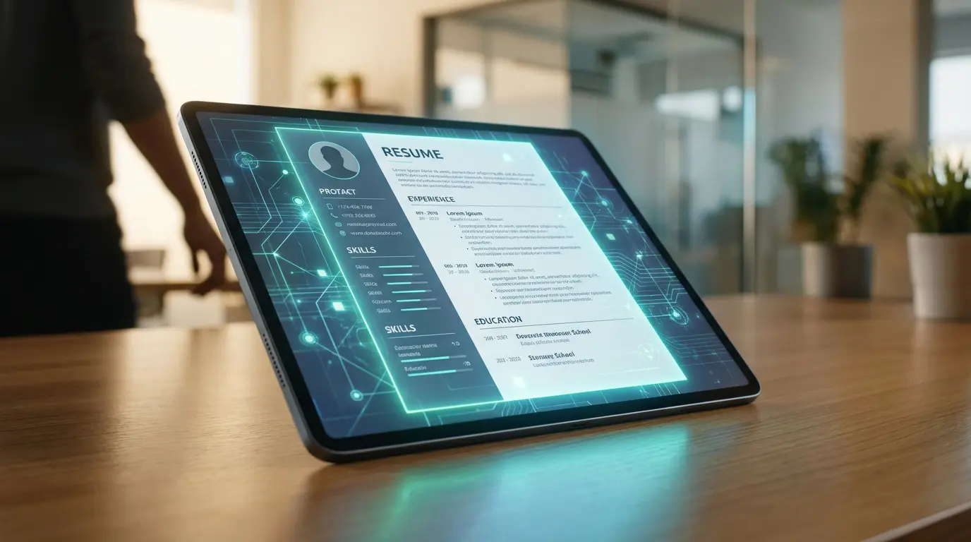 Tablette montrant un CV numérique optimisé ATS avec des lignes lumineuses. Sur une table en bois, une personne floue en arrière-plan.