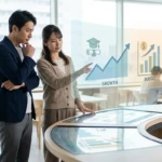 Deux professionnels évaluent les critères de croissance et budget d'une formation sur un écran holographique interactif.