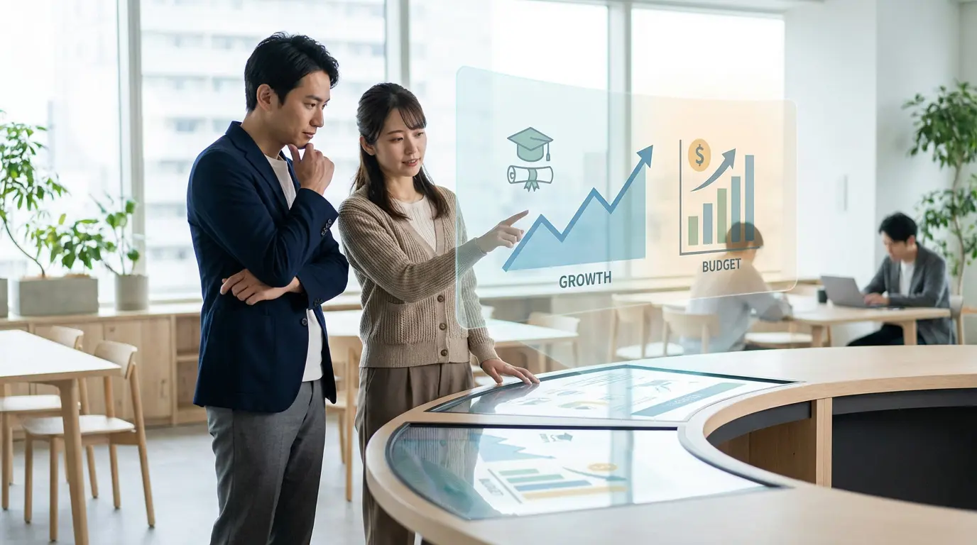 Deux professionnels évaluent les critères de croissance et budget d'une formation sur un écran holographique interactif.