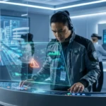 Homme dans un centre de contrôle futuriste, interagissant avec un affichage holographique de données et une simulation de trafic.