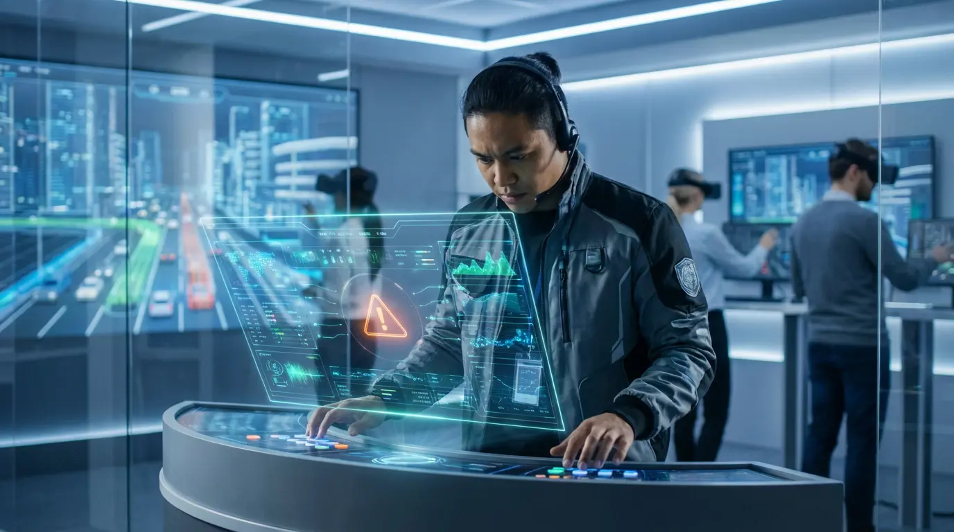 Homme dans un centre de contrôle futuriste, interagissant avec un affichage holographique de données et une simulation de trafic.