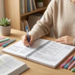 Une personne écrit dans un carnet divisé pour la méthode Cornell, entourée de fournitures de bureau et un manuel.