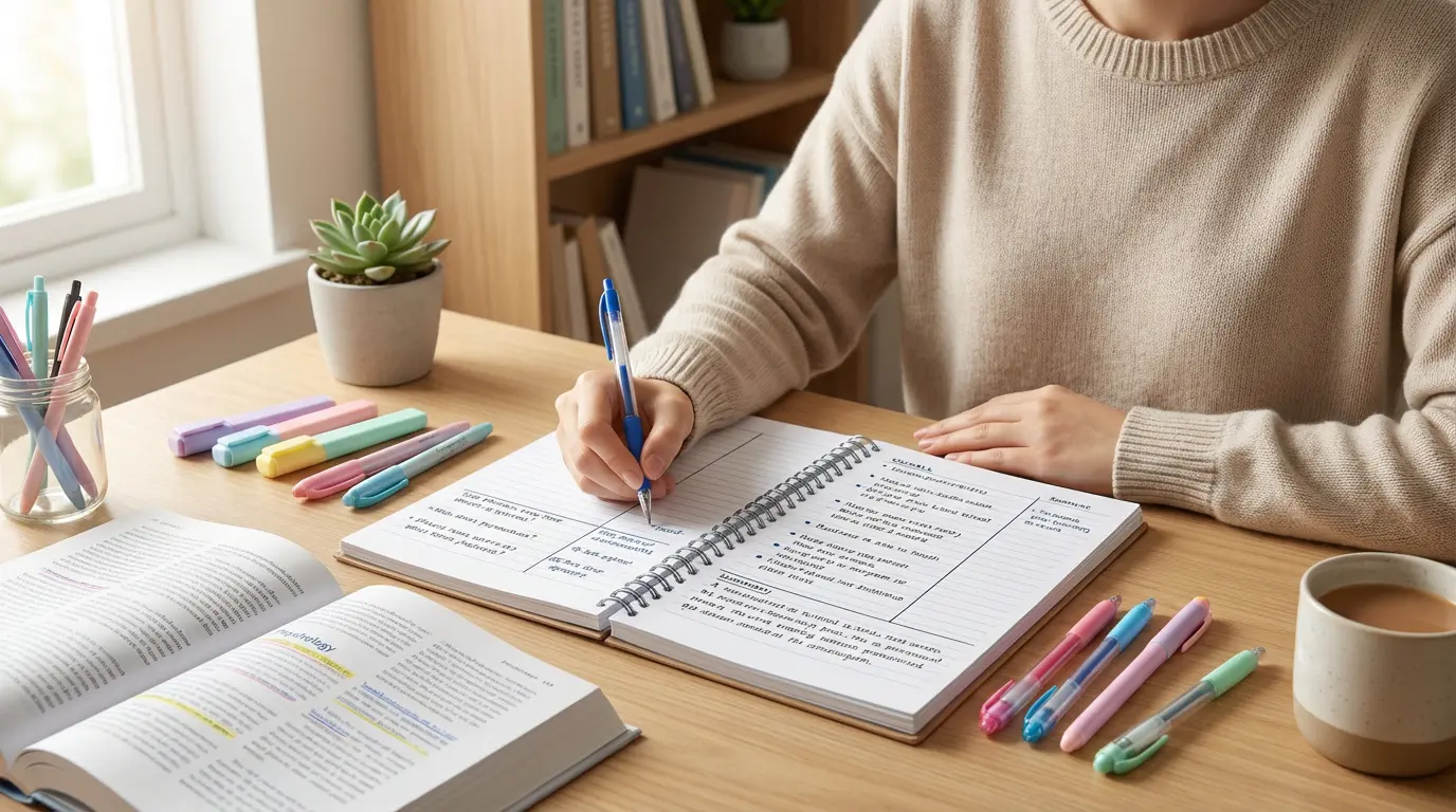 Une personne écrit dans un carnet divisé pour la méthode Cornell, entourée de fournitures de bureau et un manuel.