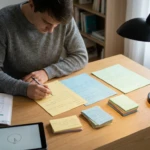 Un jeune homme étudie à son bureau, rédigeant des fiches. Des flashcards, annales et une tablette sont aussi présents.