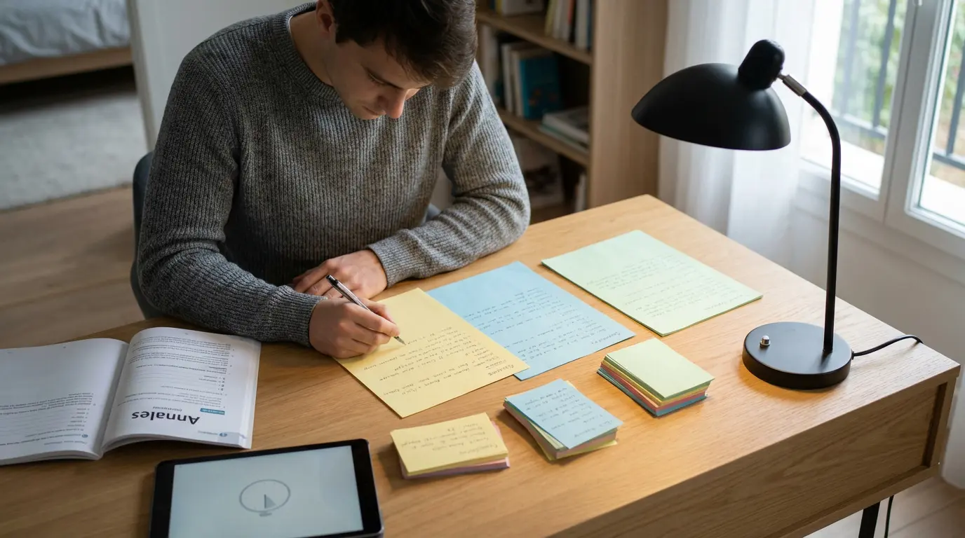 Un jeune homme étudie à son bureau, rédigeant des fiches. Des flashcards, annales et une tablette sont aussi présents.