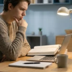 Jeune homme pensif à son bureau, révisant avec un ordinateur, un livre ouvert et une lampe de travail, illustrant la concentration.