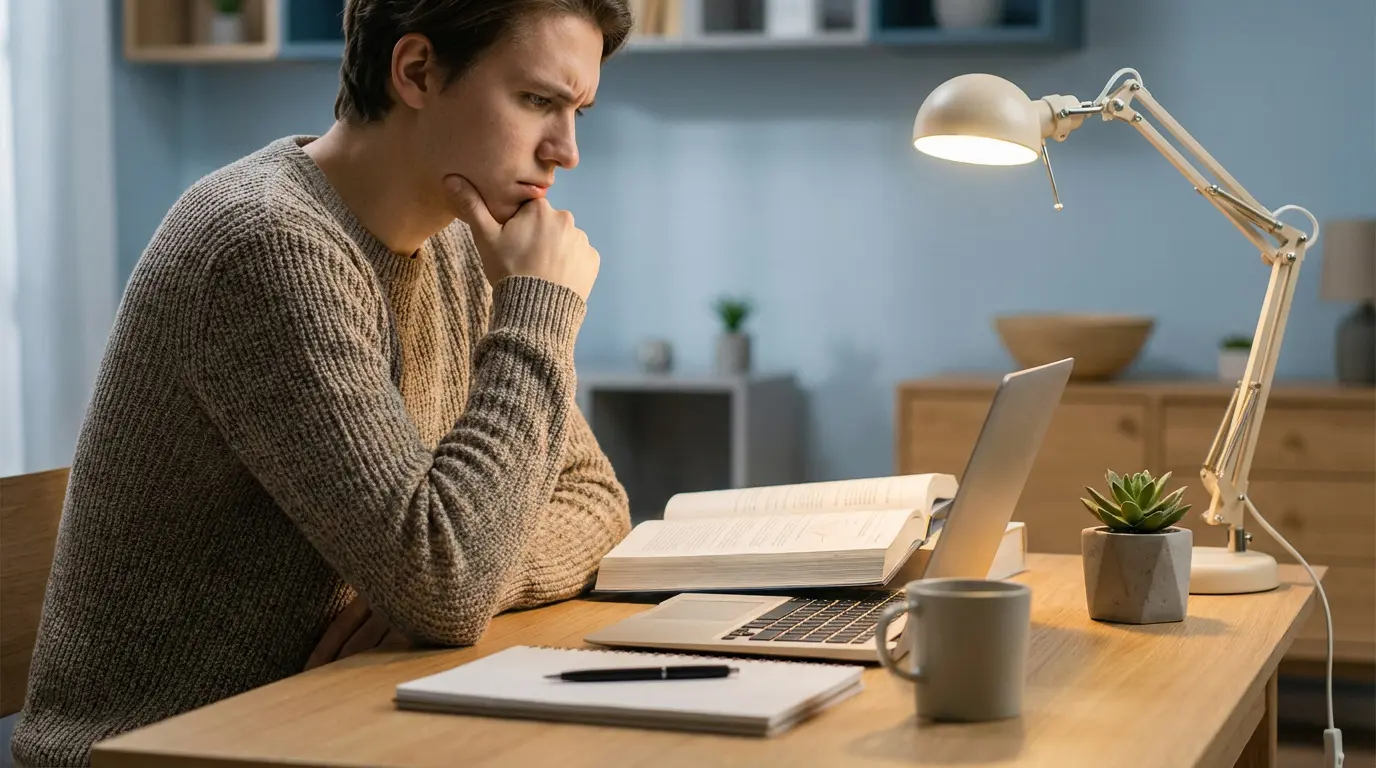 Jeune homme pensif à son bureau, révisant avec un ordinateur, un livre ouvert et une lampe de travail, illustrant la concentration.