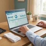 Une personne gérant ses frais de télétravail sur un ordinateur portable, avec justificatifs, calculatrice et documents fiscaux sur un bureau.