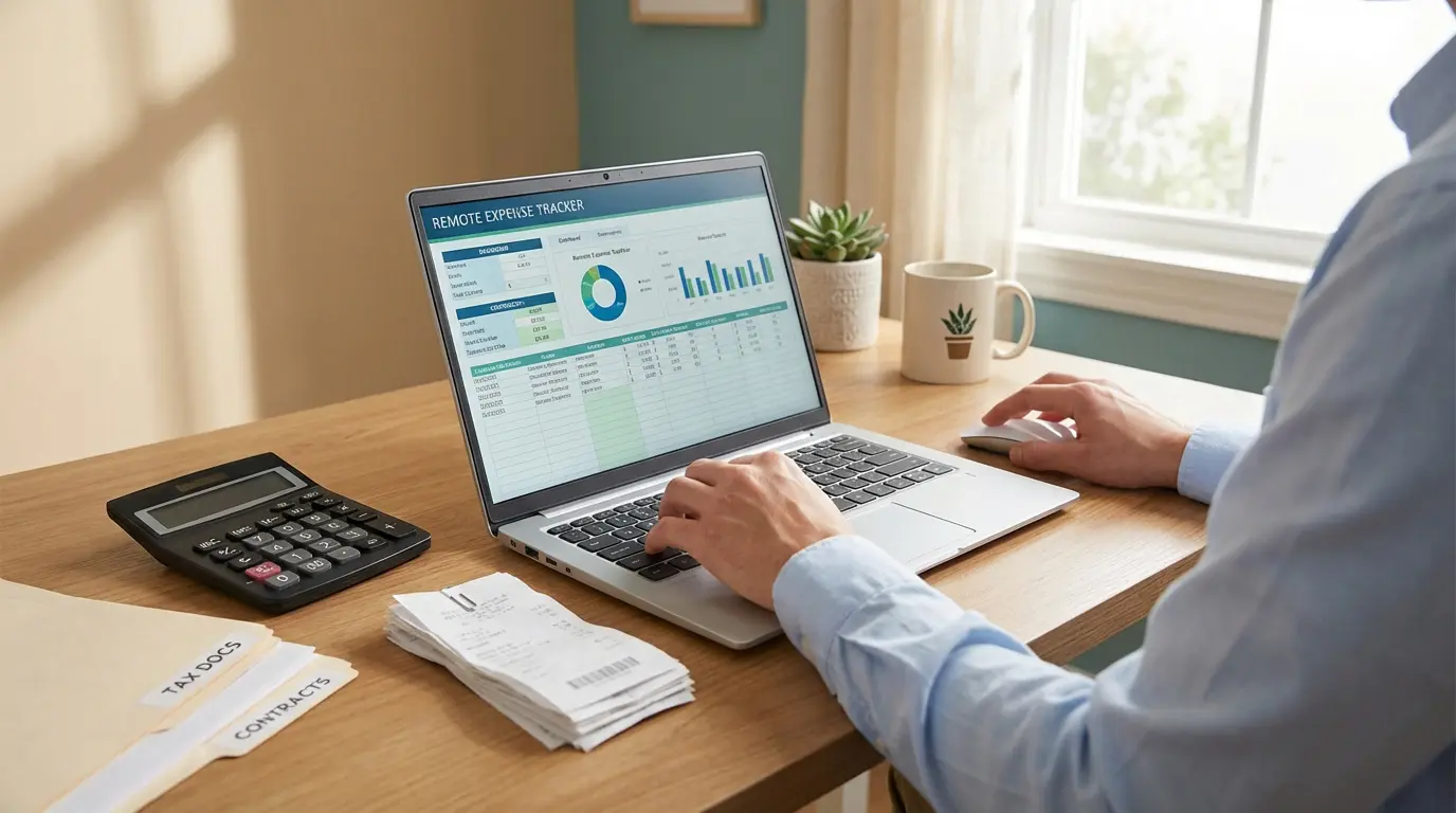 Une personne gérant ses frais de télétravail sur un ordinateur portable, avec justificatifs, calculatrice et documents fiscaux sur un bureau.