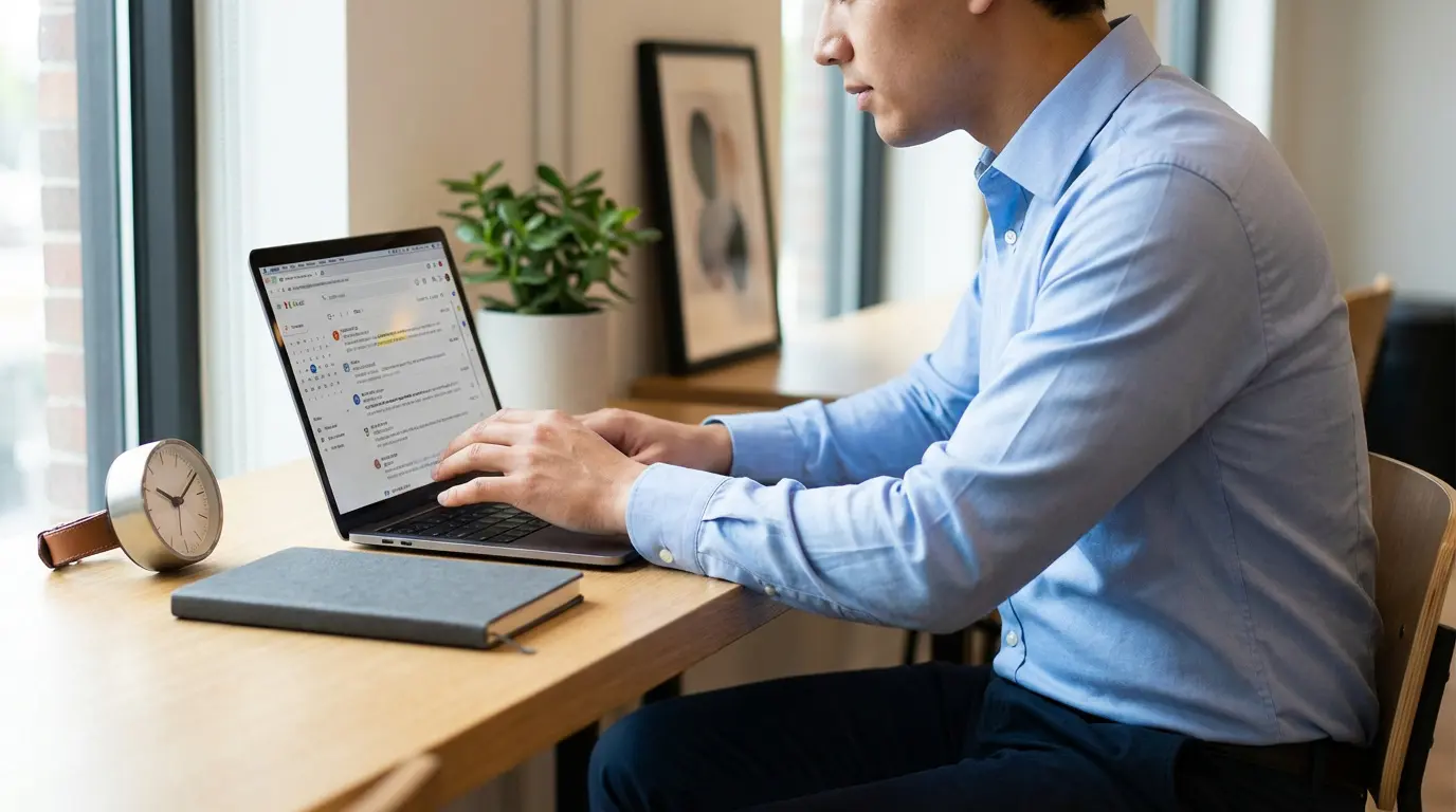 Jeune homme concentré, tapant un e-mail sur son ordinateur portable, avec un client de messagerie ouvert. Une montre et un carnet sont sur le bureau.