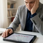 Un homme déçu fixe un calendrier numérique affichant des jours de congés barrés et l'indication "REFUSED".