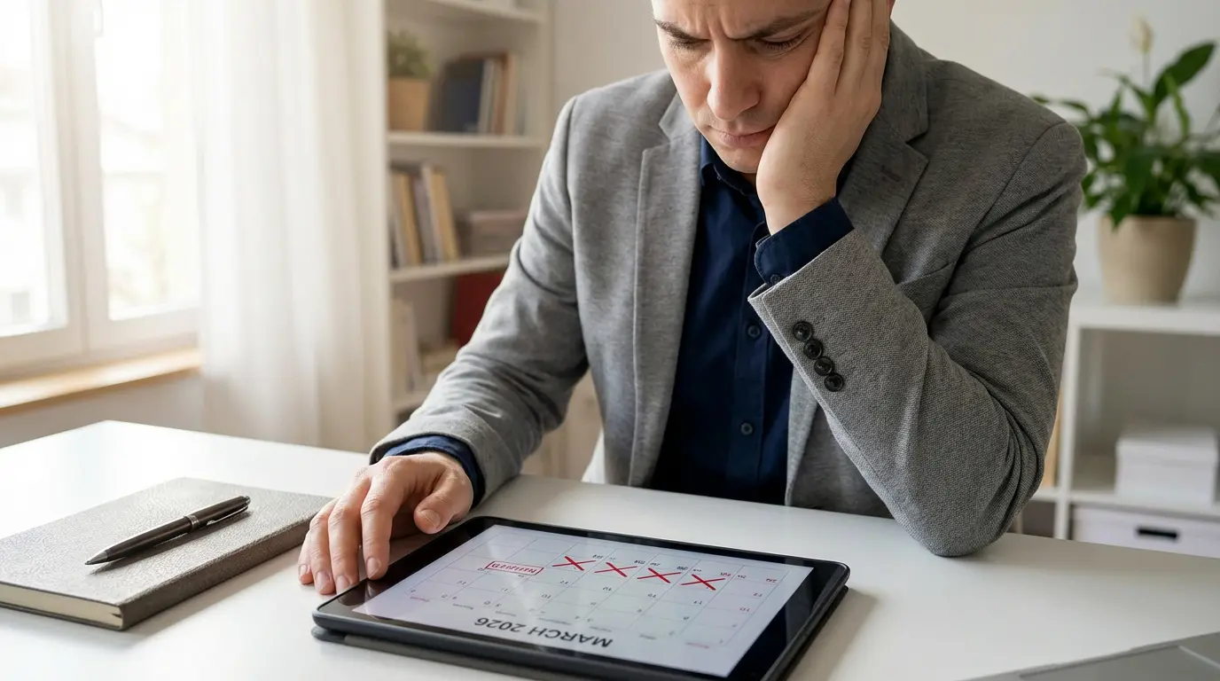 Un homme déçu fixe un calendrier numérique affichant des jours de congés barrés et l'indication "REFUSED".