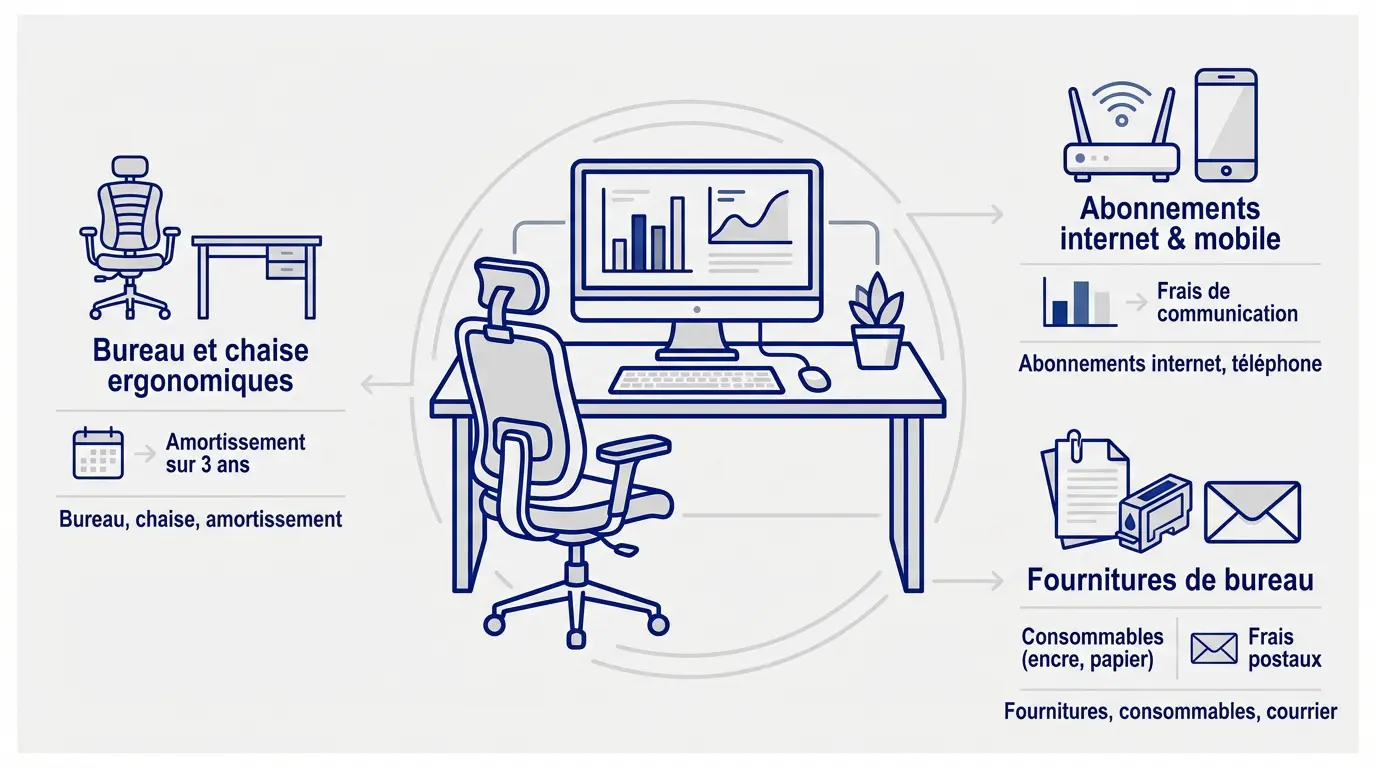 Aménagement d'un espace de travail ergonomique à domicile avec ordinateur et fournitures