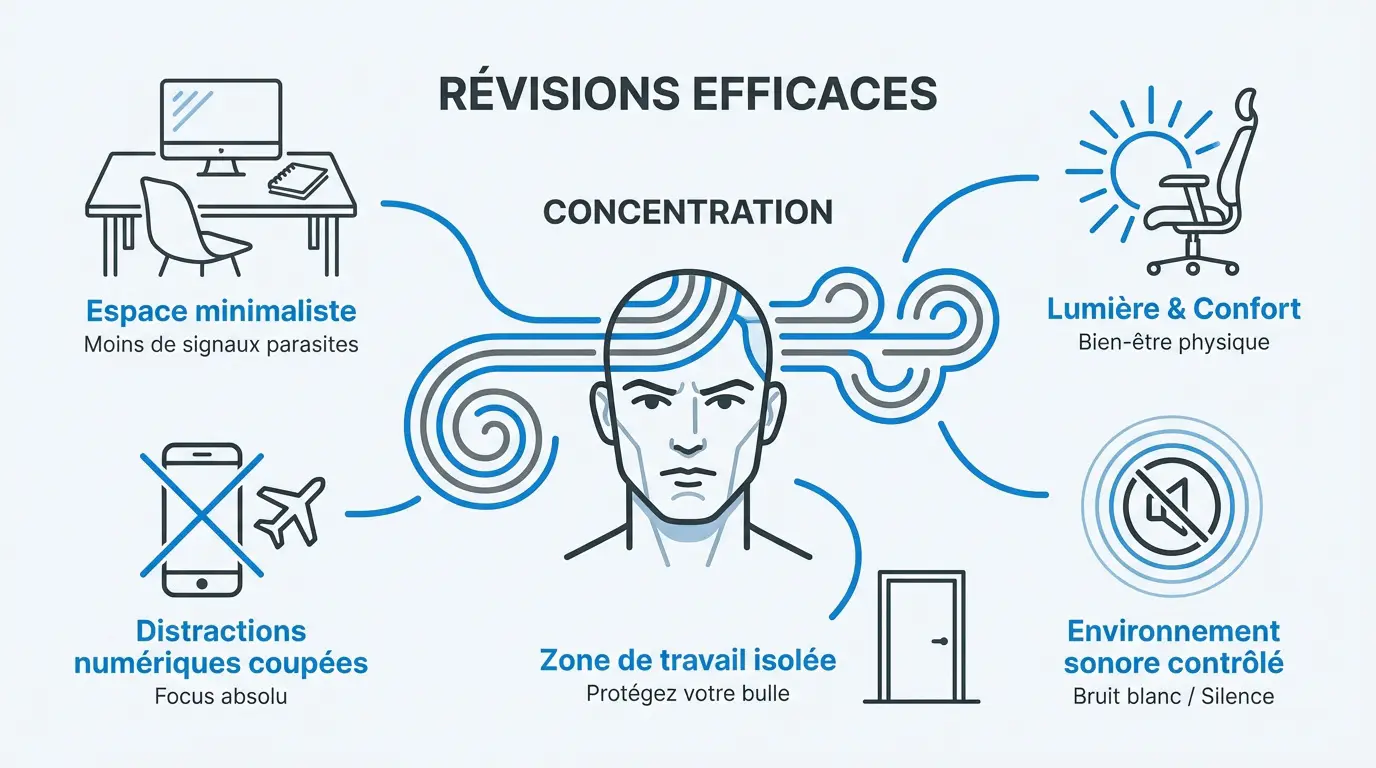 Infographie présentant l'organisation d'un bureau idéal pour maximiser la concentration et la productivité