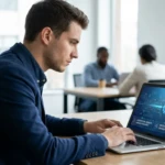 Jeune homme concentré sur un laptop affichant des symboles technologiques et des options de recherche d'alternance.