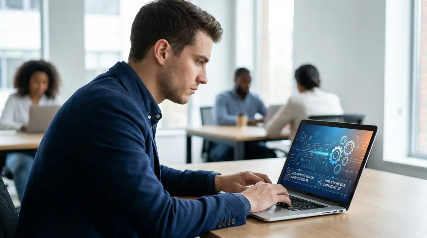 Jeune homme concentré sur un laptop affichant des symboles technologiques et des options de recherche d'alternance.