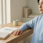 Jeune homme asiatique en pull bleu clair, pensif, à son bureau. Il regarde par la fenêtre, à côté d'un carnet et d'une tasse.