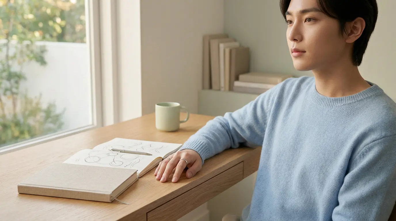Jeune homme asiatique en pull bleu clair, pensif, à son bureau. Il regarde par la fenêtre, à côté d'un carnet et d'une tasse.