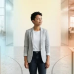 Jeune personne au centre, face à un choix entre un chemin académique (livres, diplôme) et professionnel (poignée de main, ordinateur).