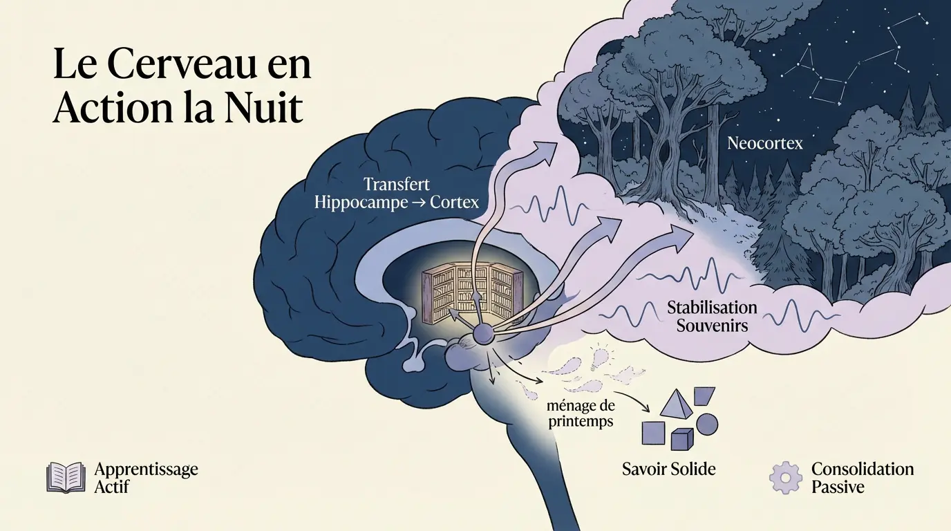 Schéma du cerveau actif durant les phases de sommeil et de mémorisation