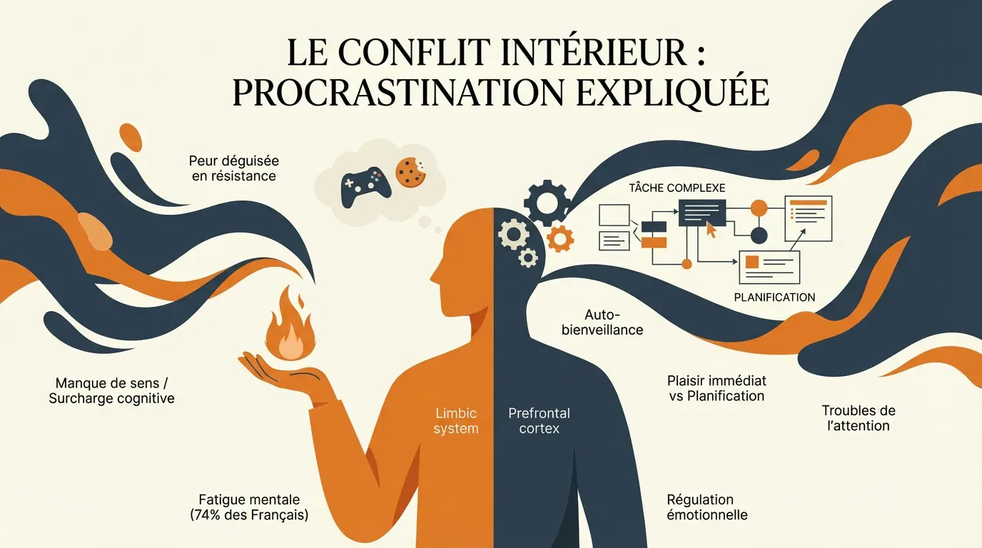 Illustration du conflit entre le système limbique et le cortex préfrontal dans la procrastination