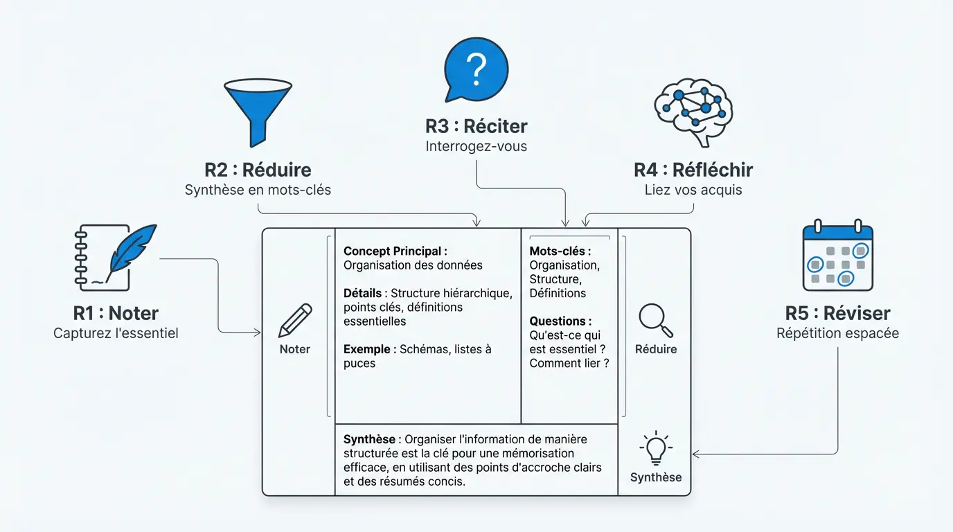 Infographie détaillant les 5 étapes de la méthode Cornell pour mémoriser ses cours