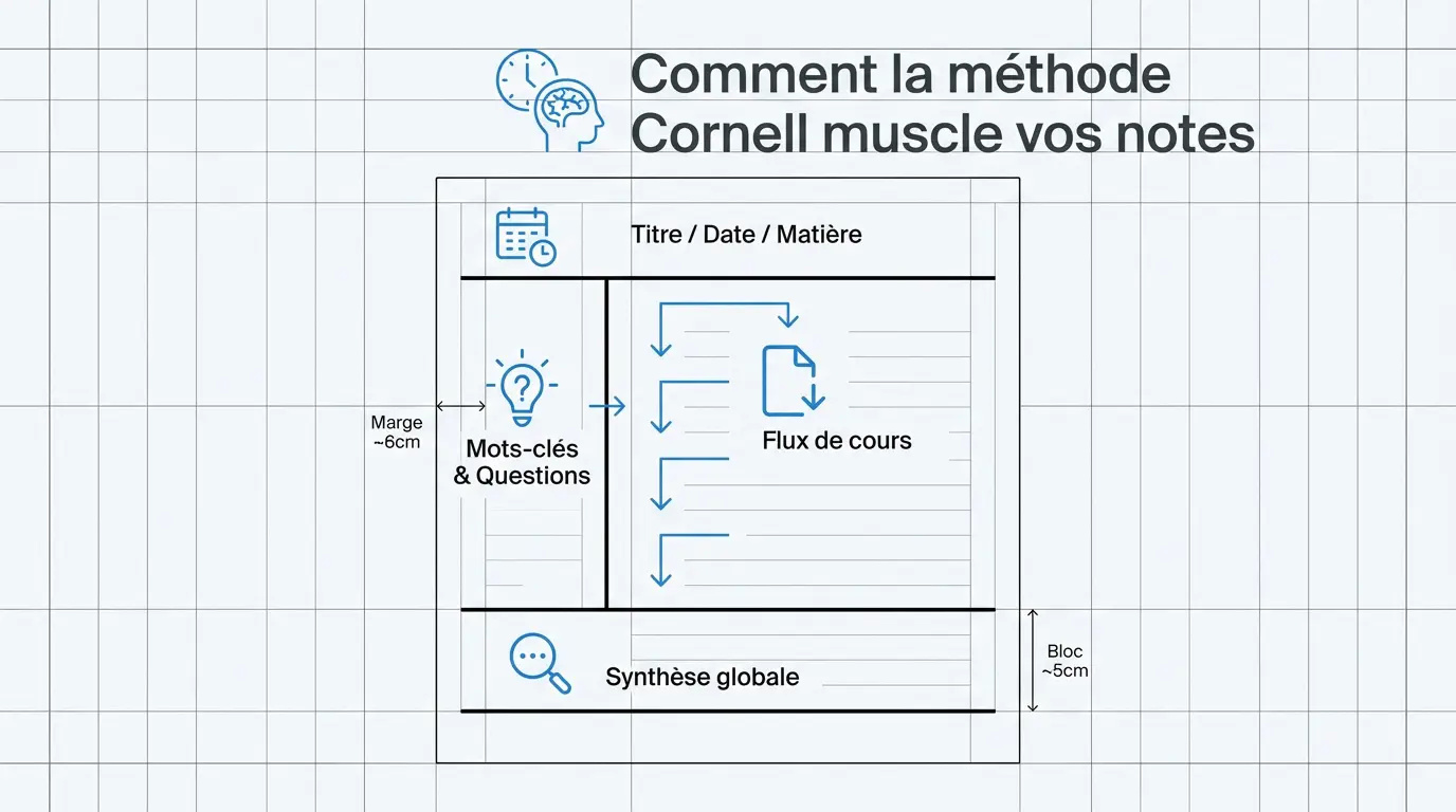 Schéma de la structure d'une page de notes selon la méthode Cornell avec ses quatre zones