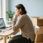 Femme consulte un plan de carrière sur ordinateur, avec tirelire et cartons de déménagement. Symbole de transition professionnelle.