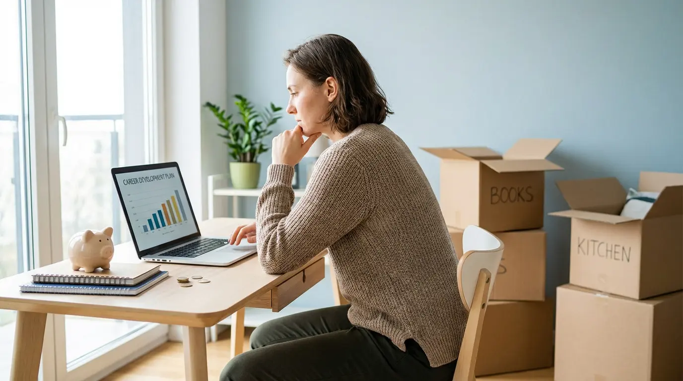 Femme consulte un plan de carrière sur ordinateur, avec tirelire et cartons de déménagement. Symbole de transition professionnelle.