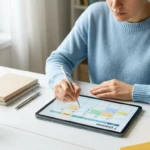 Une personne planifiant une routine sur une tablette numérique avec un stylet, assise à un bureau blanc.