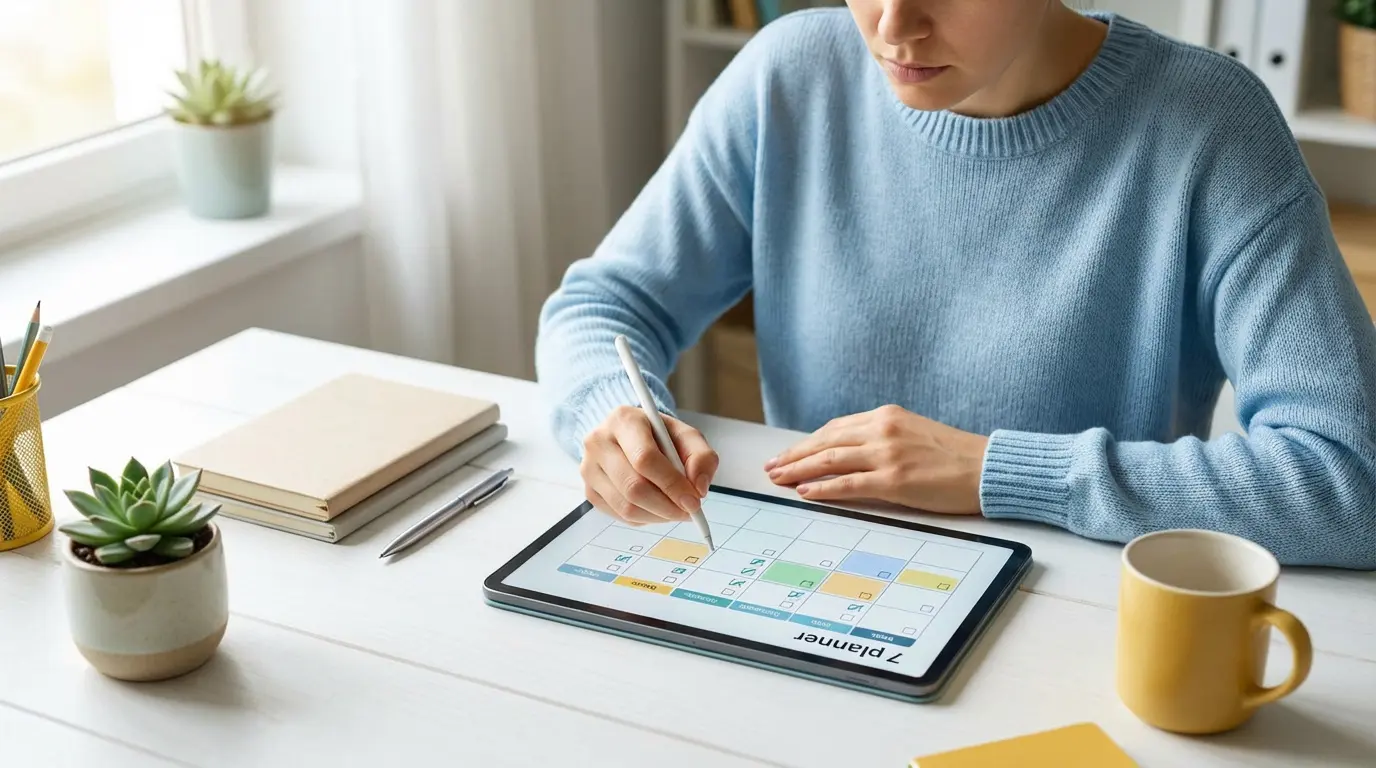Une personne planifiant une routine sur une tablette numérique avec un stylet, assise à un bureau blanc.