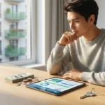 Un jeune homme analyse des graphiques de budget sur une tablette, à côté de billets et de pièces, avec une clé, évoquant le logement.