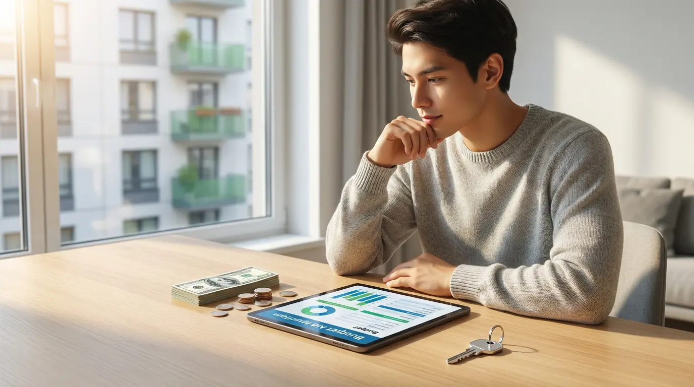 Un jeune homme analyse des graphiques de budget sur une tablette, à côté de billets et de pièces, avec une clé, évoquant le logement.