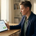 Femme concentrée calculant ses congés payés et droits sur une tablette, affichant calendrier et graphiques.