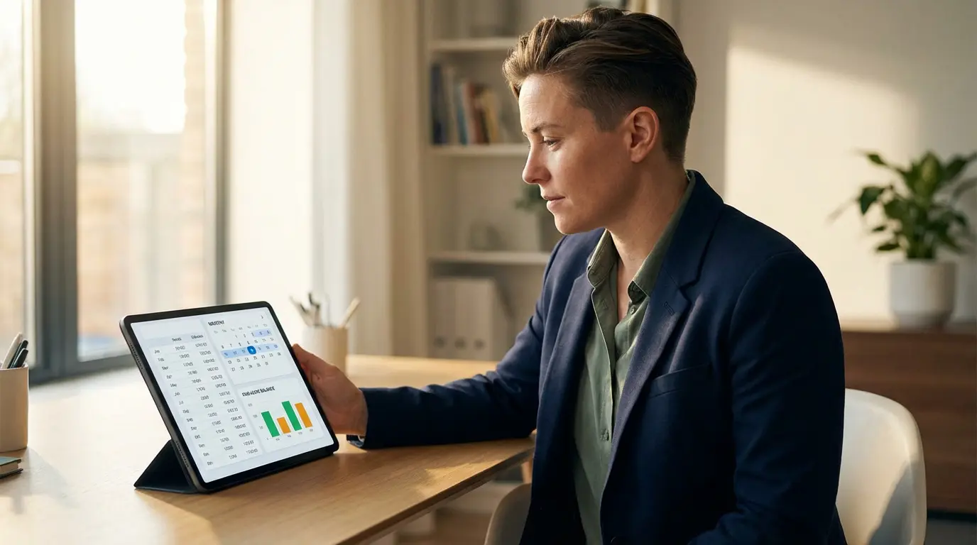 Femme concentrée calculant ses congés payés et droits sur une tablette, affichant calendrier et graphiques.